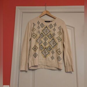 ALLEN SOLLY Women’s Small 100% Cotton Cream Sweatshirt with Aztec Design.